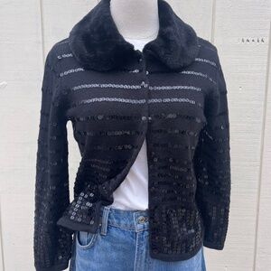 Elana Carello Black Sequin Sweater with Faux Fur Trim Size Small